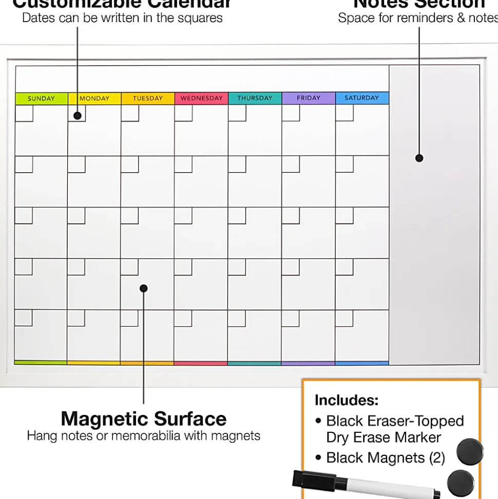 Excello Global Products Magnetic Dry-Erase Monthly Calendar Whiteboard, Porcelain, 20" x 30", White Wood Frame