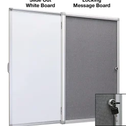 Excello Wall-Mounted Enclosed Sliding Magnetic Dry-Erase Cork Bulletin Combo Board, 36” x 24”, White/Gray, Silver Brushed Metal Frame