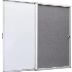 Excello Wall-Mounted Enclosed Sliding Magnetic Dry-Erase Cork Bulletin Combo Board, 36” x 24”, White/Gray, Silver Brushed Metal Frame