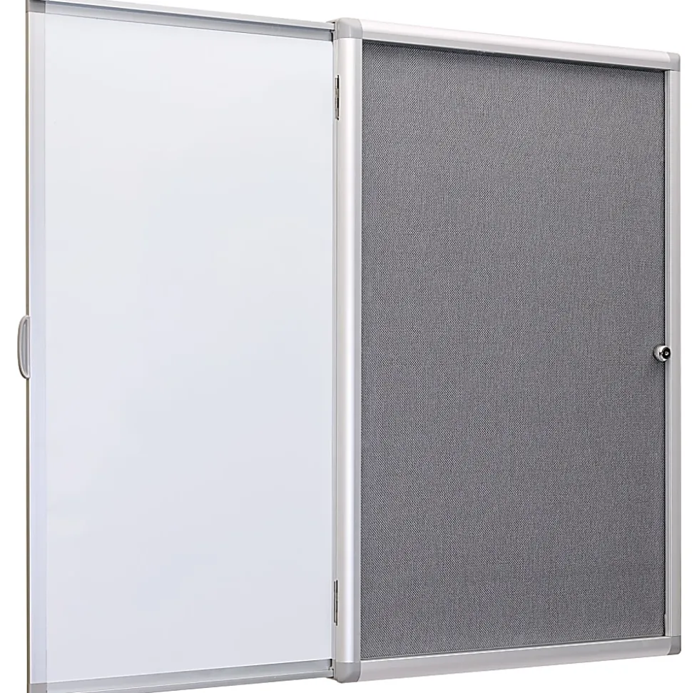 Excello Wall-Mounted Enclosed Sliding Magnetic Dry-Erase Cork Bulletin Combo Board, 36” x 24”, White/Gray, Silver Brushed Metal Frame