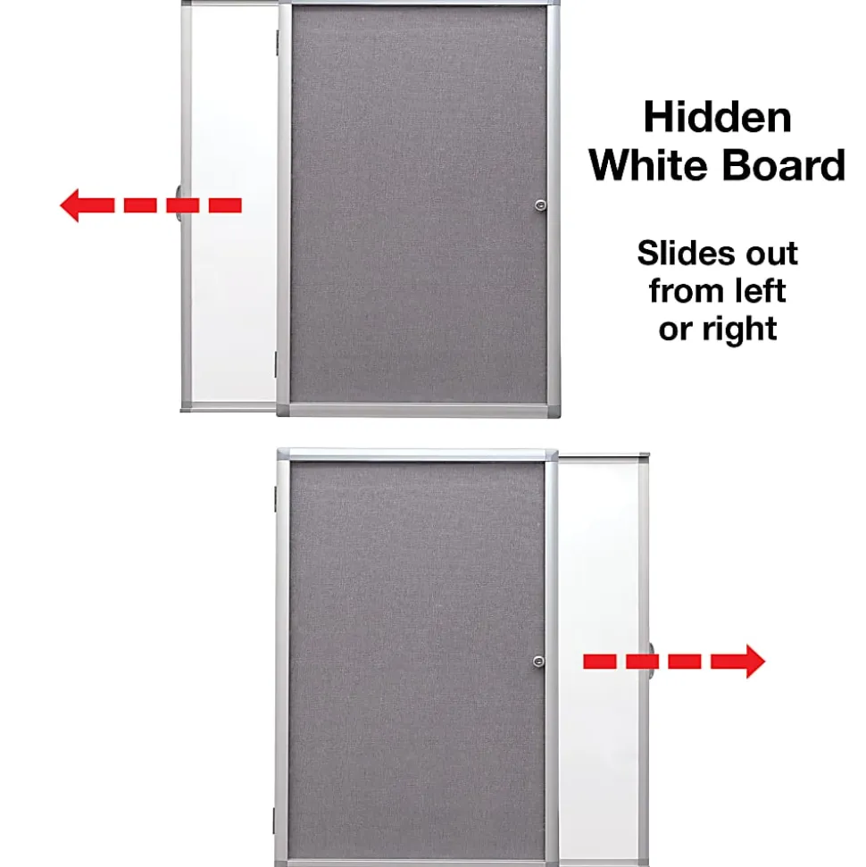 Excello Wall-Mounted Enclosed Sliding Magnetic Dry-Erase Cork Bulletin Combo Board, 36” x 24”, White/Gray, Silver Brushed Metal Frame