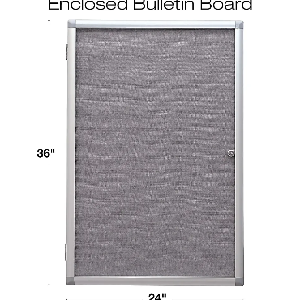 Excello Wall-Mounted Enclosed Sliding Magnetic Dry-Erase Cork Bulletin Combo Board, 36” x 24”, White/Gray, Silver Brushed Metal Frame