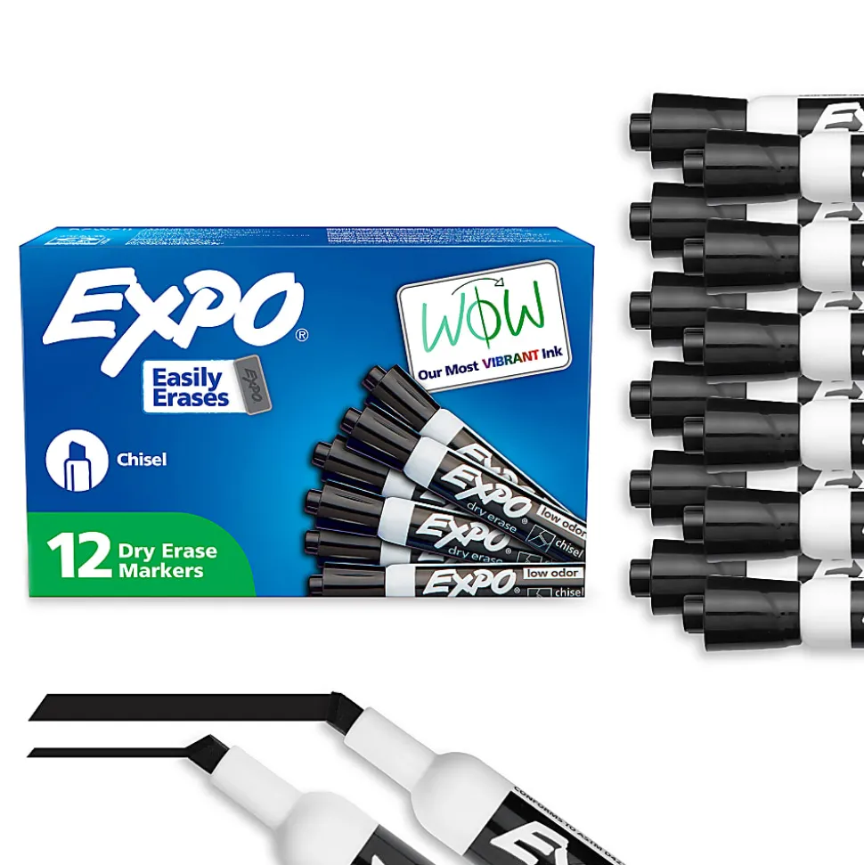 EXPO® Low-Odor Dry-Erase Markers, Chisel Tip, Black, Pack Of 12