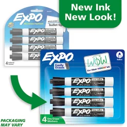 EXPO® Low-Odor Dry-Erase Markers, Bullet Tip, Black/White Barrel, Black Ink, Pack Of 4 Markers