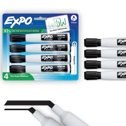 EXPO® Magnetic Dry Erase Markers With Eraser, Chisel Tip, Black Ink, Pack Of 4