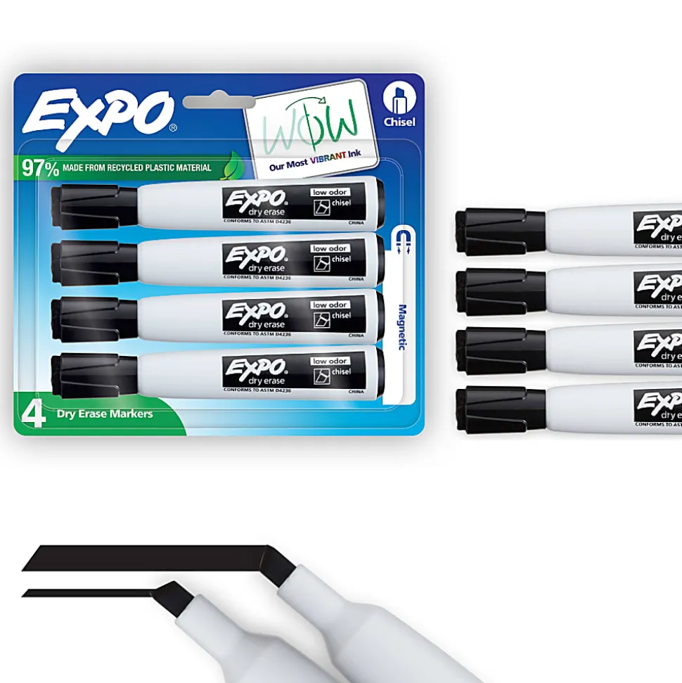 EXPO® Magnetic Dry Erase Markers With Eraser, Chisel Tip, Black Ink, Pack Of 4