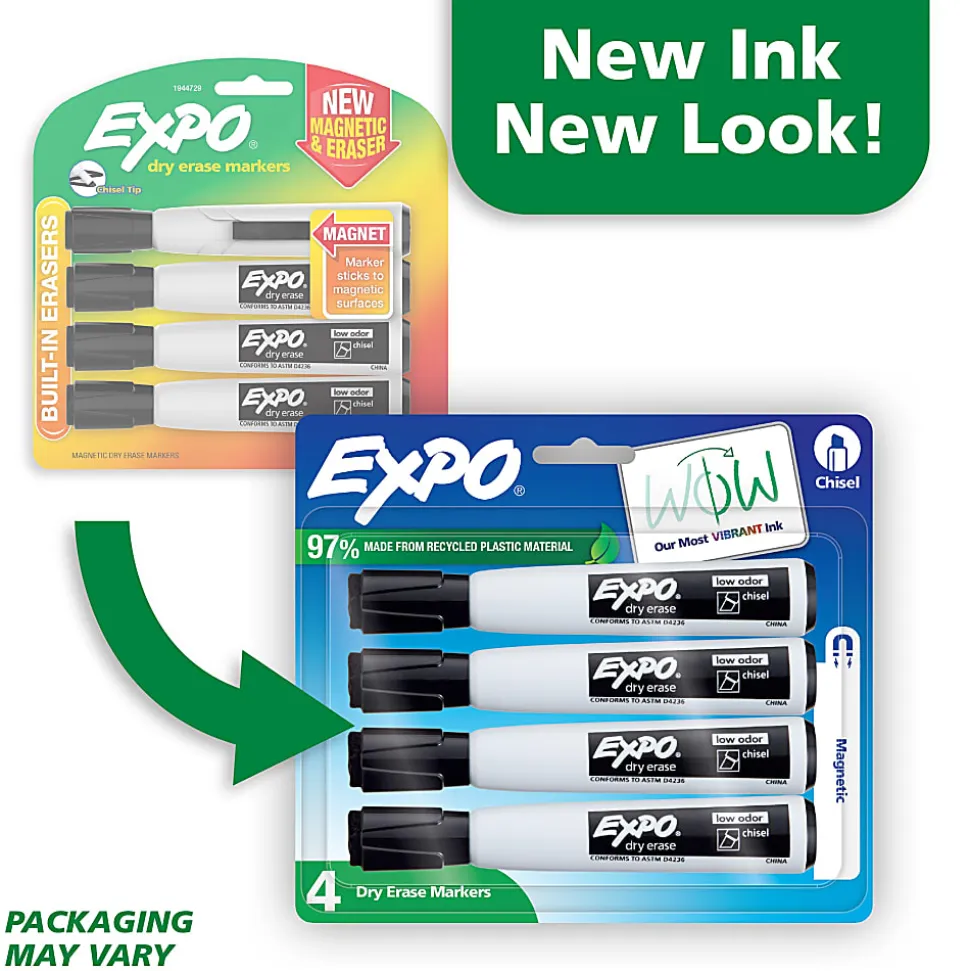 EXPO® Magnetic Dry Erase Markers With Eraser, Chisel Tip, Black Ink, Pack Of 4