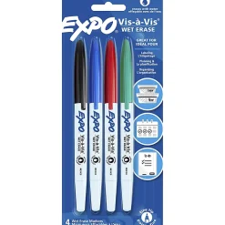EXPO® Vis-A-Vis Wet-Erase Markers, Fine Point, White Barrels, Assorted Ink Colors, Pack Of 4 Markers