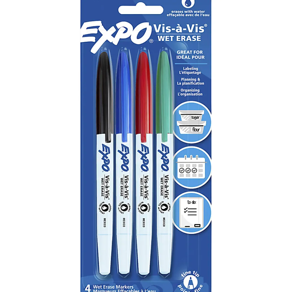 EXPO® Vis-A-Vis Wet-Erase Markers, Fine Point, White Barrels, Assorted Ink Colors, Pack Of 4 Markers