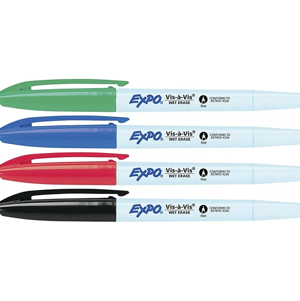 EXPO® Vis-A-Vis Wet-Erase Markers, Fine Point, White Barrels, Assorted Ink Colors, Pack Of 4 Markers