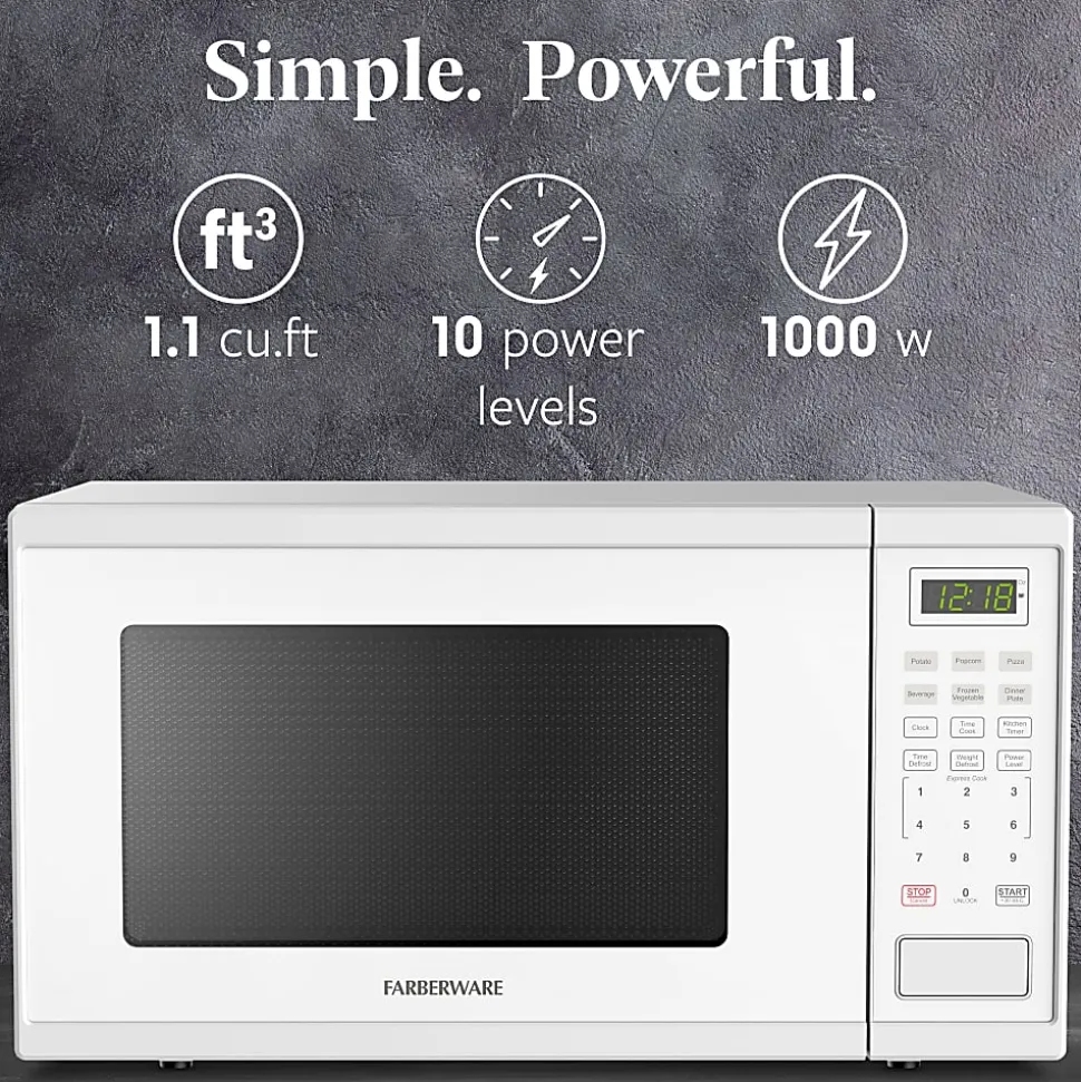 Farberware 1000W Microwave Oven, 1.1 Cu. Ft., White, Total Qty 1
