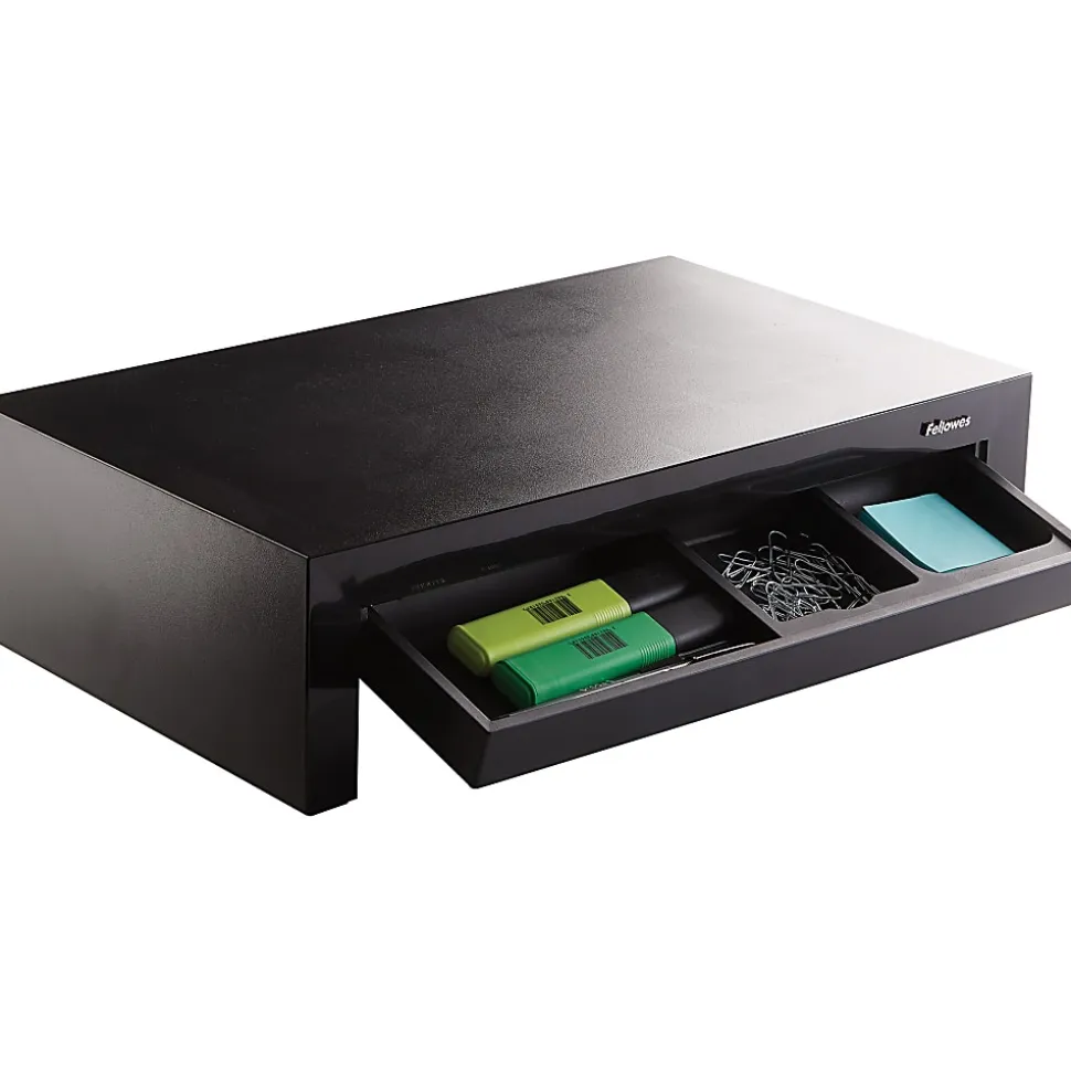 Fellowes® Designer Suites™ Height-Adjustable Monitor Riser With Storage Tray, 4.38"H x 16"W x 9.38"D, Black