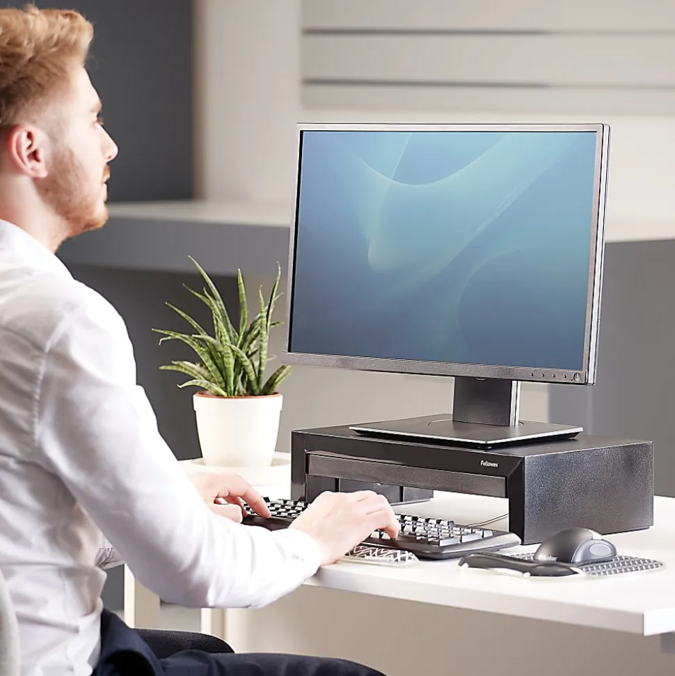 Fellowes® Designer Suites™ Height-Adjustable Monitor Riser With Storage Tray, 4.38"H x 16"W x 9.38"D, Black
