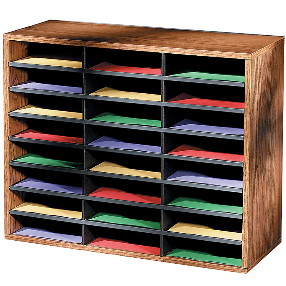 Fellowes® Literature Organizer, 24 Compartments, 23 7/16"H x 29 7/16"W x 11 7/8"D, Oak