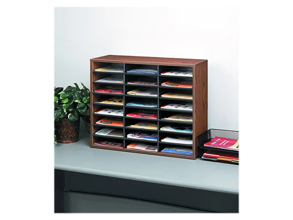 Fellowes® Literature Organizer, 24 Compartments, 23 7/16"H x 29 7/16"W x 11 7/8"D, Oak