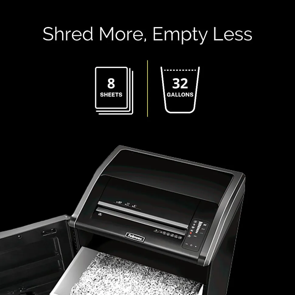 Fellowes® Powershred® 8-Sheet Super Micro-Cut Paper Shredder, 425HSG, BAA/TAA Compliant, Black/Silver