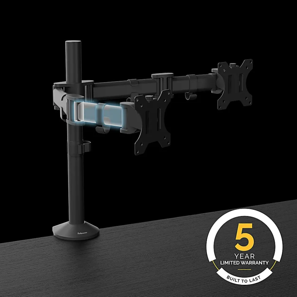 Fellowes® Reflex Dual Monitor Arms, 21-3/4"H x 4-1/2"W x 28-5/8"D, Black