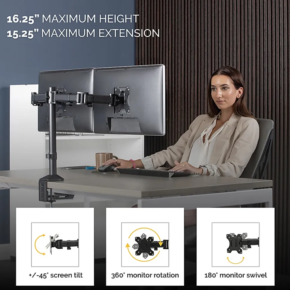 Fellowes® Reflex Dual Monitor Arms, 21-3/4"H x 4-1/2"W x 28-5/8"D, Black