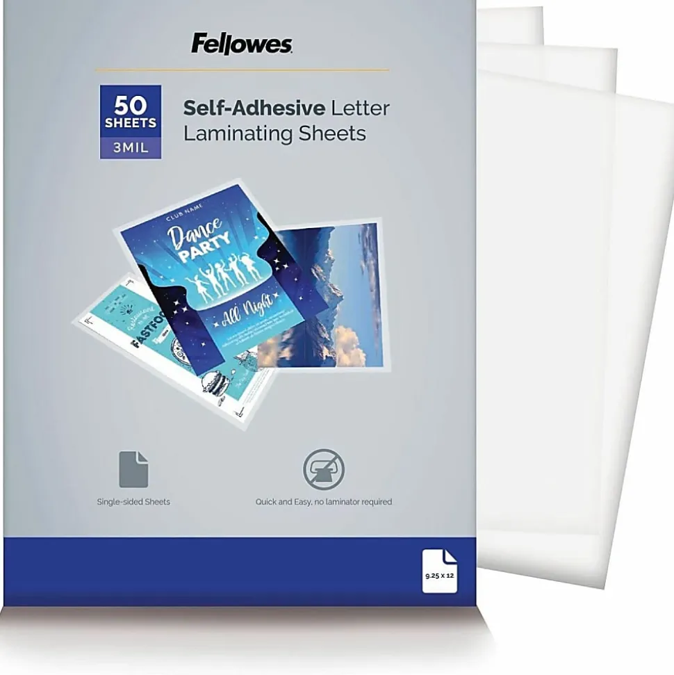 Fellowes Self-Adhesive Laminating Sheets, 9.25" x 12", 3 mil, Clear, Pack Of 50