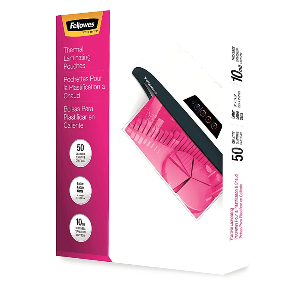 Fellowes® Thermal Laminating Pouches, Glossy, 9" x 11.5", 10 Mil, Clear, Pack Of 50