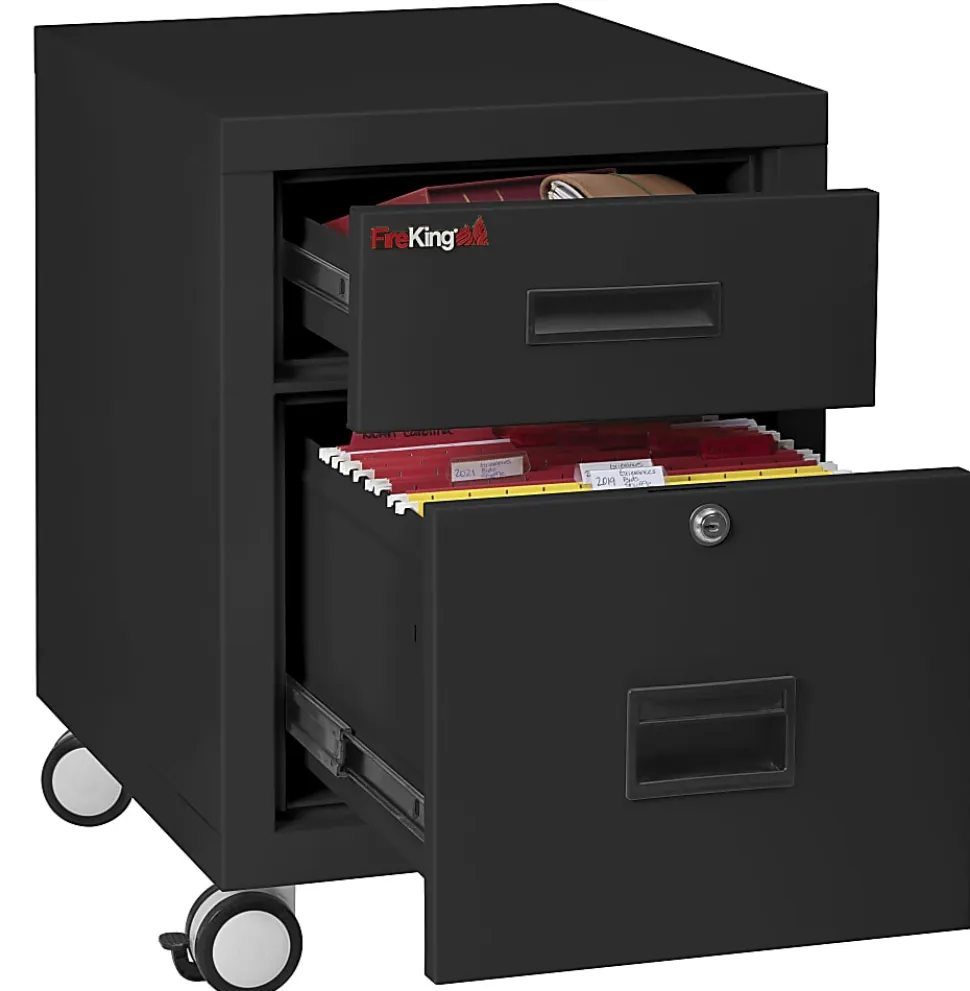 FireKing 18"W Vertical 2-Drawer Mobile Locking Fireproof File Cabinet, Metal, Black, Dock-to-Dock Delivery