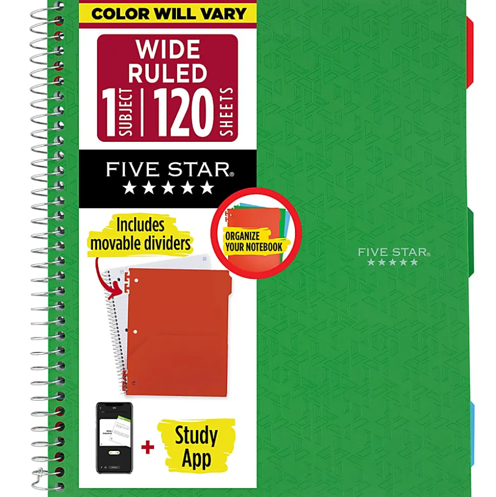 Five Star® Color Coded Notebook Plus Study App, 1 Subject, Wide Ruled, 8" x 10 1/2", Retro Green