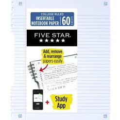 Five Star® Insertable Notebook Paper Plus Study App, College Ruled, 9" x 11", 60 Sheets/Pack