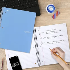 Five StarĀ® Spiral Notebook Plus Study App, 3 Subject, Wide Ruled, 8" x 10 1/2", Sky Blue