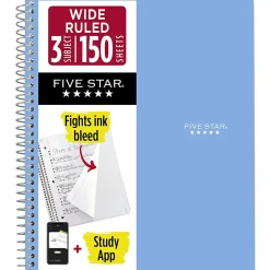 Five Star® Spiral Notebook Plus Study App, 3 Subject, Wide Ruled, 8