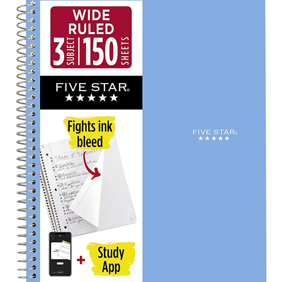 Five Star® Spiral Notebook Plus Study App, 3 Subject, Wide Ruled, 8" x 10 1/2", Sky Blue