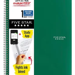 Five StarĀ® Spiral Notebook Plus Study App, 1 Subject, College Ruled, 8 1/2" x 11", Retro Green