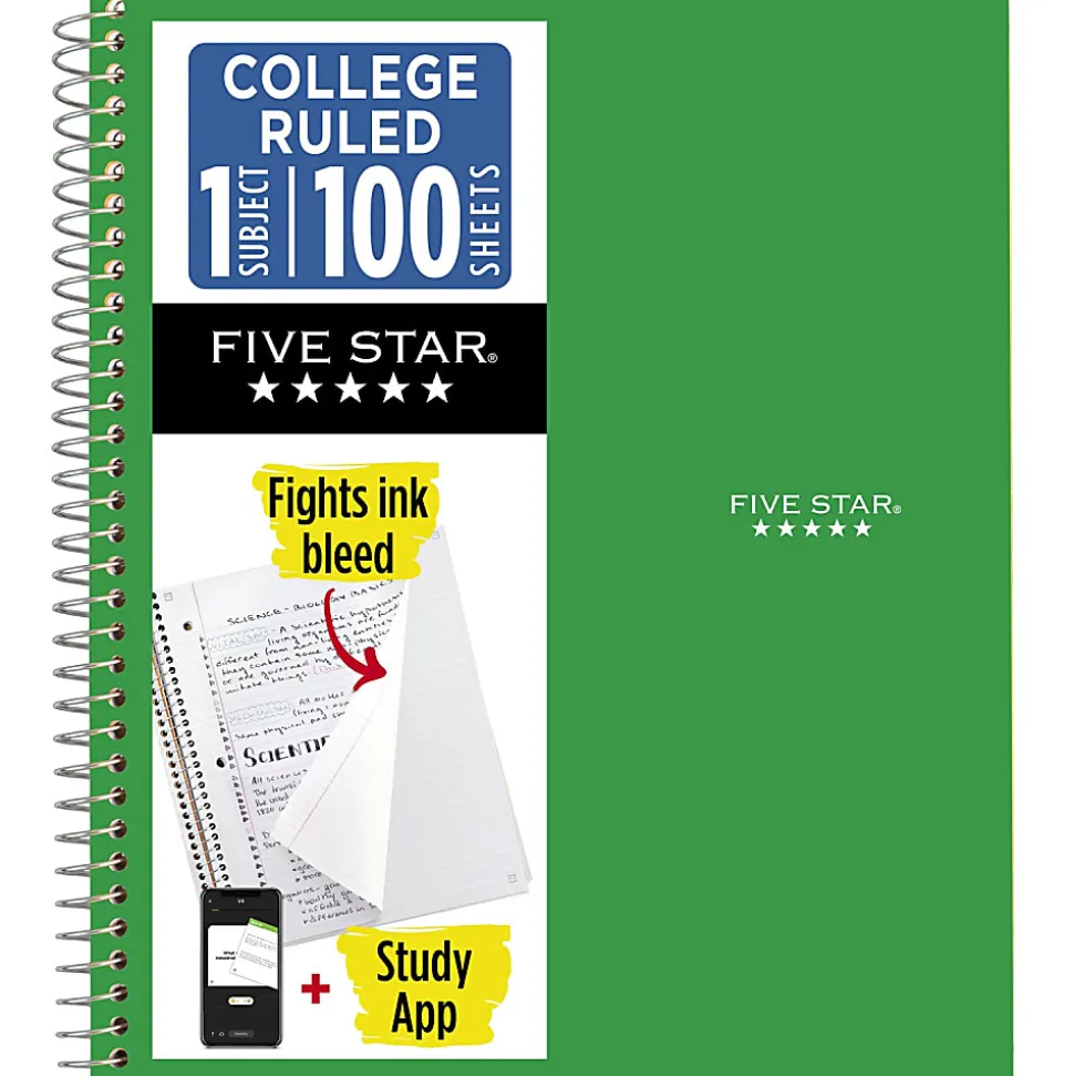 Five Star® Spiral Notebook Plus Study App, 1 Subject, College Ruled, 8 1/2" x 11", Retro Green