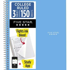 Five Star® Spiral Notebook Plus Study App, 3 Subject, College Ruled, 8 1/2