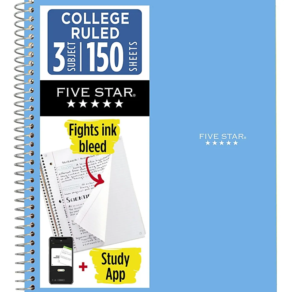 Five Star® Spiral Notebook Plus Study App, 3 Subject, College Ruled, 8 1/2" x 11", Sky Blue