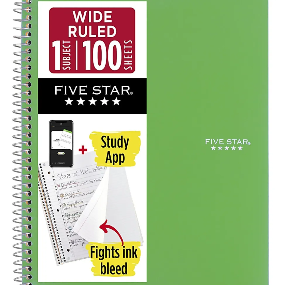 Five Star® Spiral Notebook Plus Study App, 1 Subject, Wide Ruled, 8" x 10 1/2", Retro Green