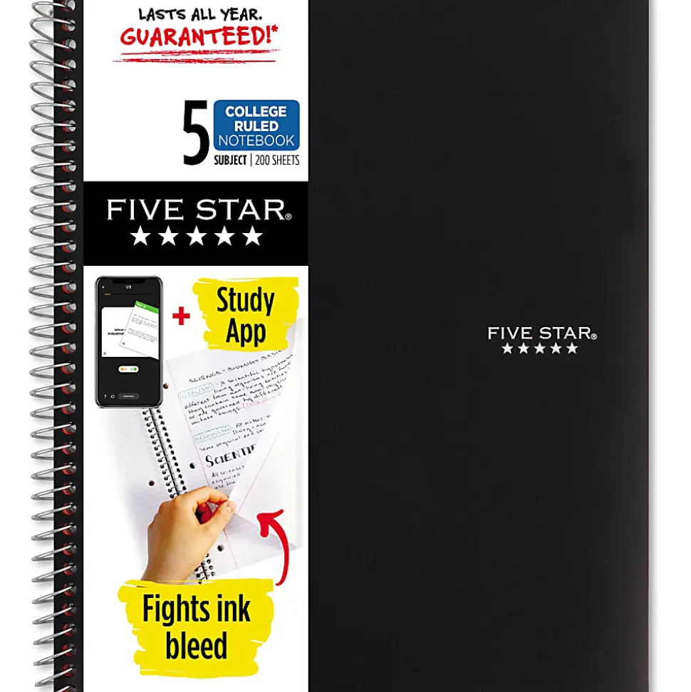 Five Star® Wire-Bound Notebook, 8-1/2" x 11", 5 Subject, College Ruled, 200 Sheets, Black