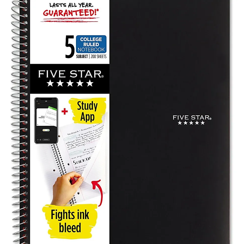 Five Star® Wire-Bound Notebook, 8-1/2" x 11", 5 Subject, College Ruled, 200 Sheets, Black