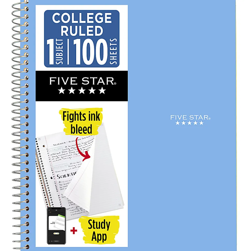 Five Star® Wirebound Notebook Plus Study App, 1 Subject, College Ruled, 8 1/2" x 11", Sky Blue