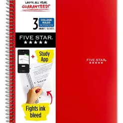 Five Star® Wirebound Notebook Plus Study App, 3 Subject, College Ruled, 8 1/2" x 11", Fire Red