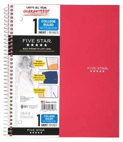 Five StarĀ® Wirebound Notebook Plus Study App, 1 Subject, College Ruled, 8 1/2" x 11", 100 Sheets, Fire Red