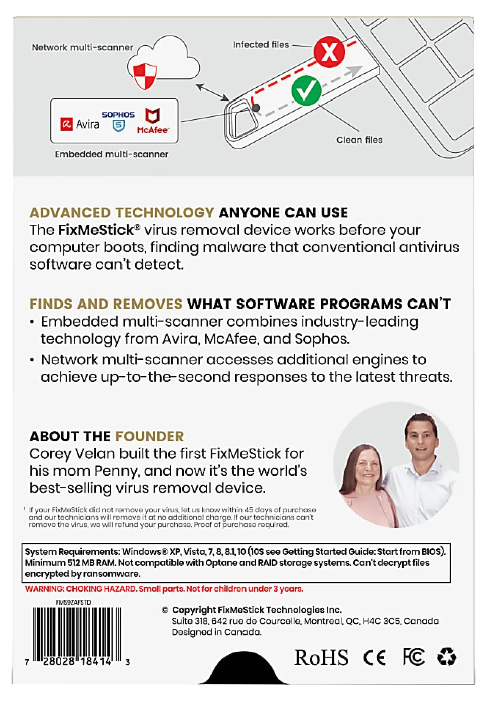 FixMeStick® Virus Removal, For 3 Devices, 1-Year Subscription, USB Flash Drive