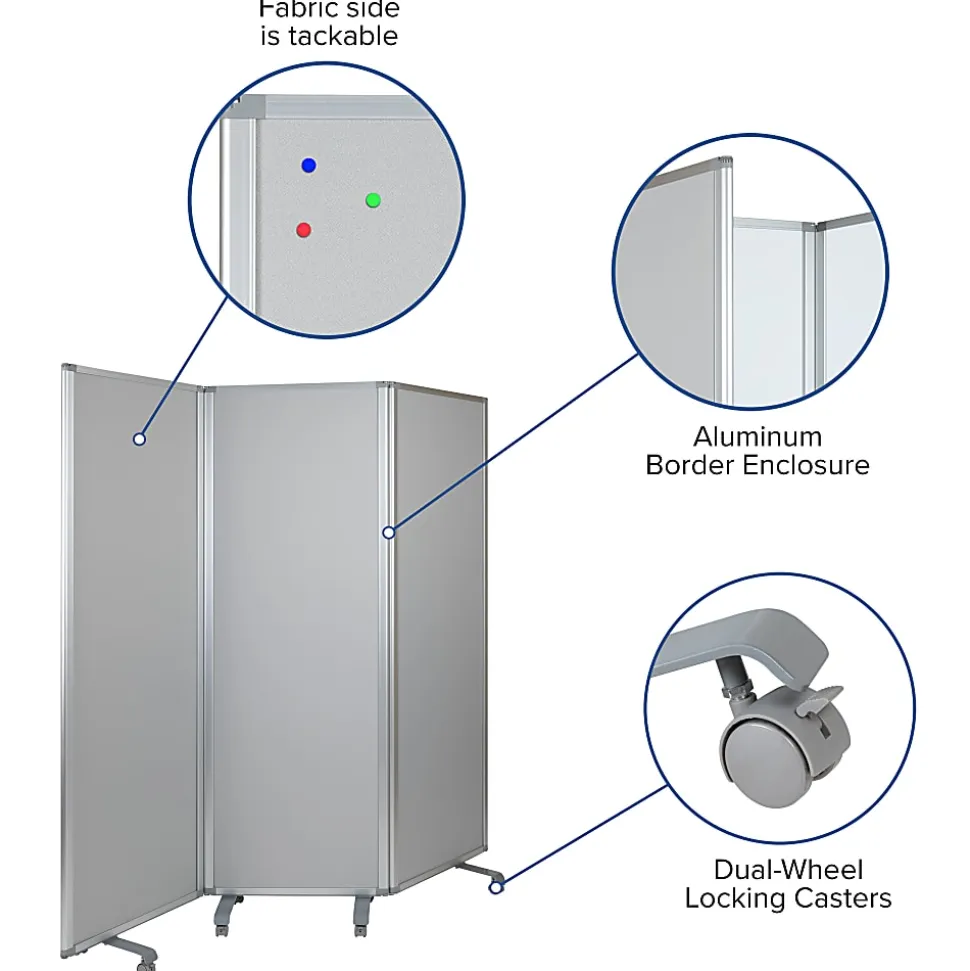 Flash Furniture Double-Sided Mobile Magnetic Whiteboard/Cloth Partition With Lockable Casters, White/Gray