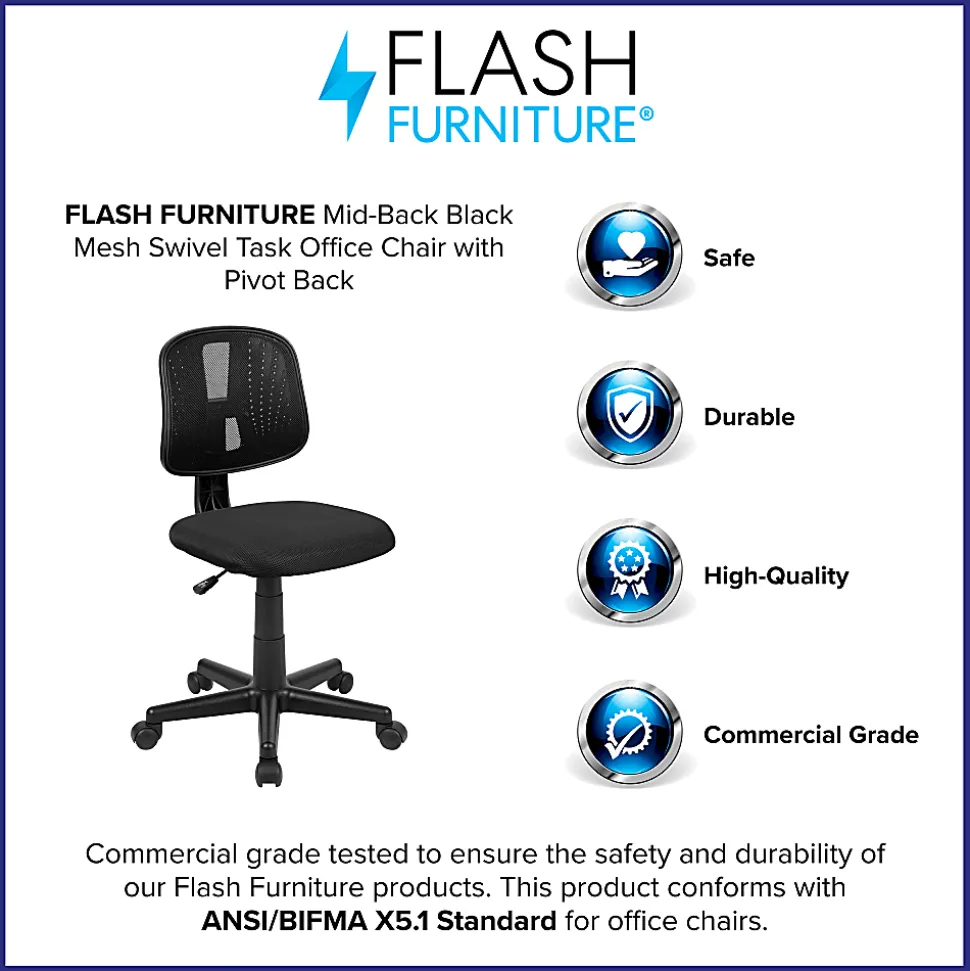 Flash Furniture Flash Fundamentals Mesh Mid-Back Swivel Task Office Chair With Pivot Back, Black