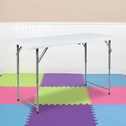 Flash Furniture Height-Adjustable Bi-Fold Plastic Folding Table With Carrying Handle, 29"H x 23-3/4"W x 47-1/2"D, Granite White