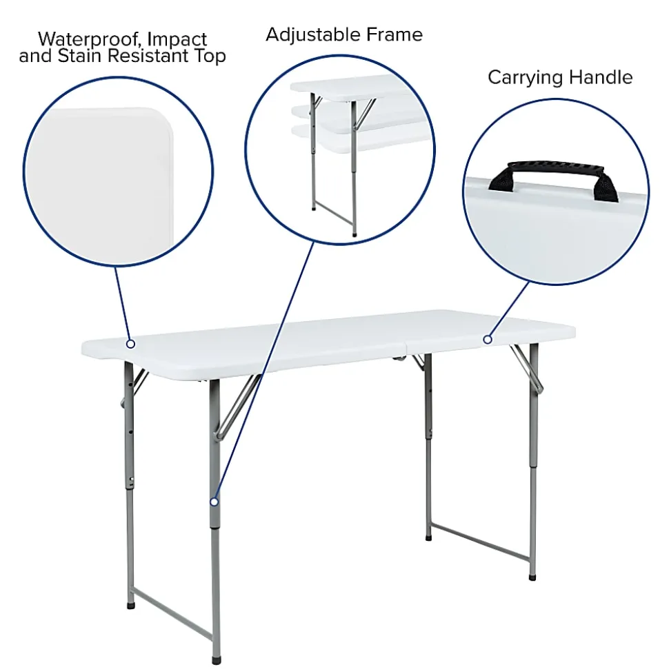 Flash Furniture Height-Adjustable Bi-Fold Plastic Folding Table With Carrying Handle, 29"H x 23-3/4"W x 47-1/2"D, Granite White