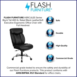 Flash Furniture Hercules Big & Tall High-Back Ergonomic LeatherSoft™ Faux Leather Office Chair With Full Headrest And Chrome Base, Black