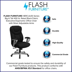 Flash Furniture Hercules Big And Tall Fabric Swivel Office Chair With Adjustable Arms, Black