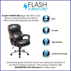 Flash Furniture Hercules Big & Tall Ergonomic LeatherSoft™ Faux Leather Office Chair With Height-Adjustable Headrest, Brown/Gray