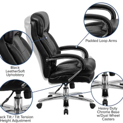 Flash Furniture Hercules 24-7 Intensive Use Big & Tall Ergonomic LeatherSoft™ Faux Leather Office Chair With Loop Arms, Black/Gray