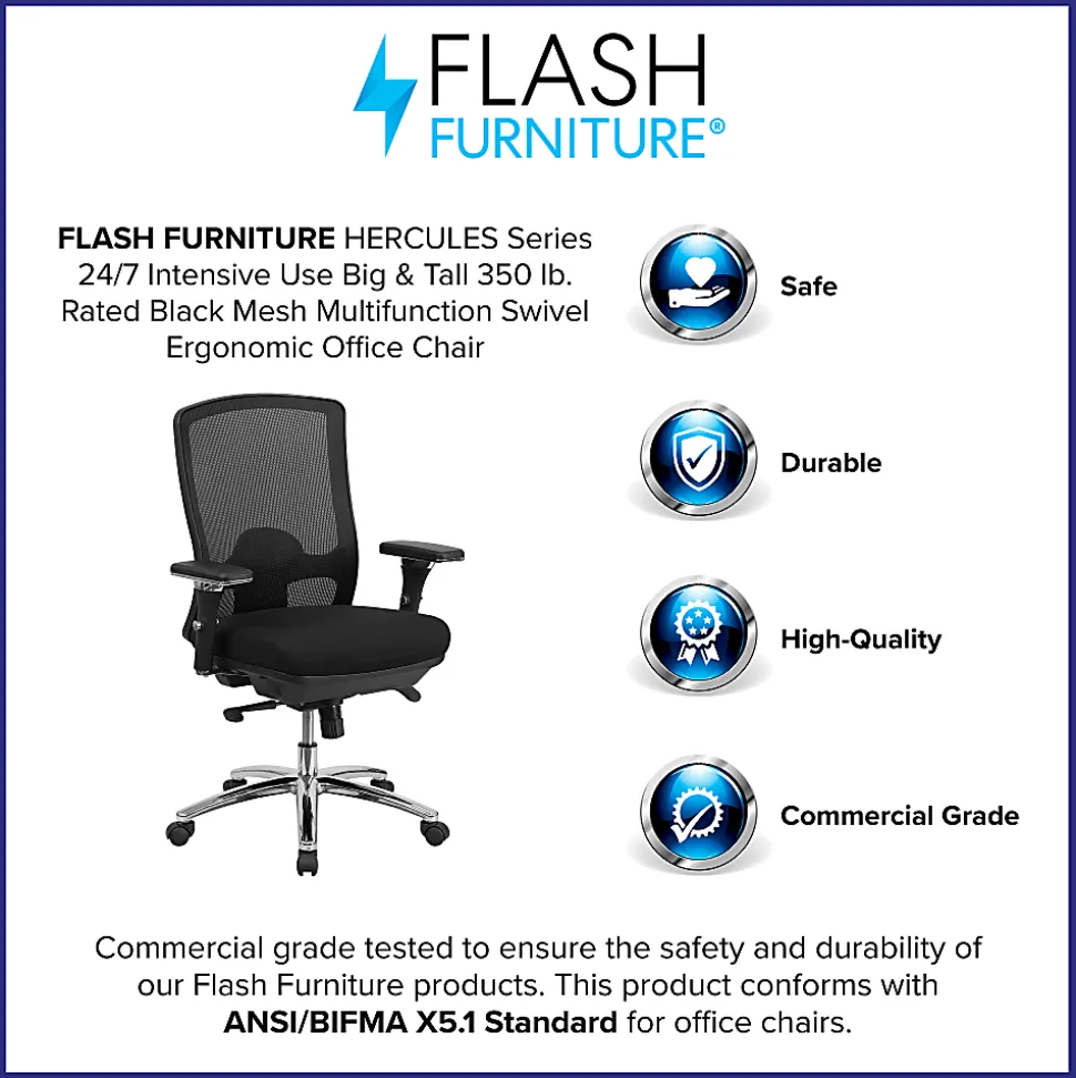 Flash Furniture HERCULES 24-7 Intensive Mesh Mid-Back Big And Tall Chair With Synchro Tilt, Black/Chrome